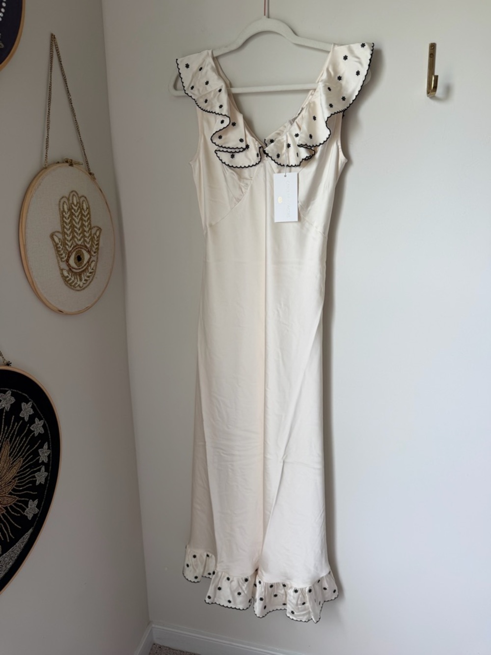Caroline Constas Cream black floral embroidered Ruffle-Trim Maxi slip Dress